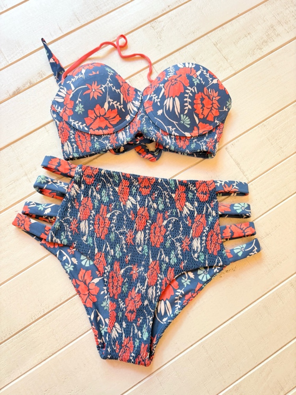 Tori Praver Swimwear Navy Blue Floral Print Bikini/Suit